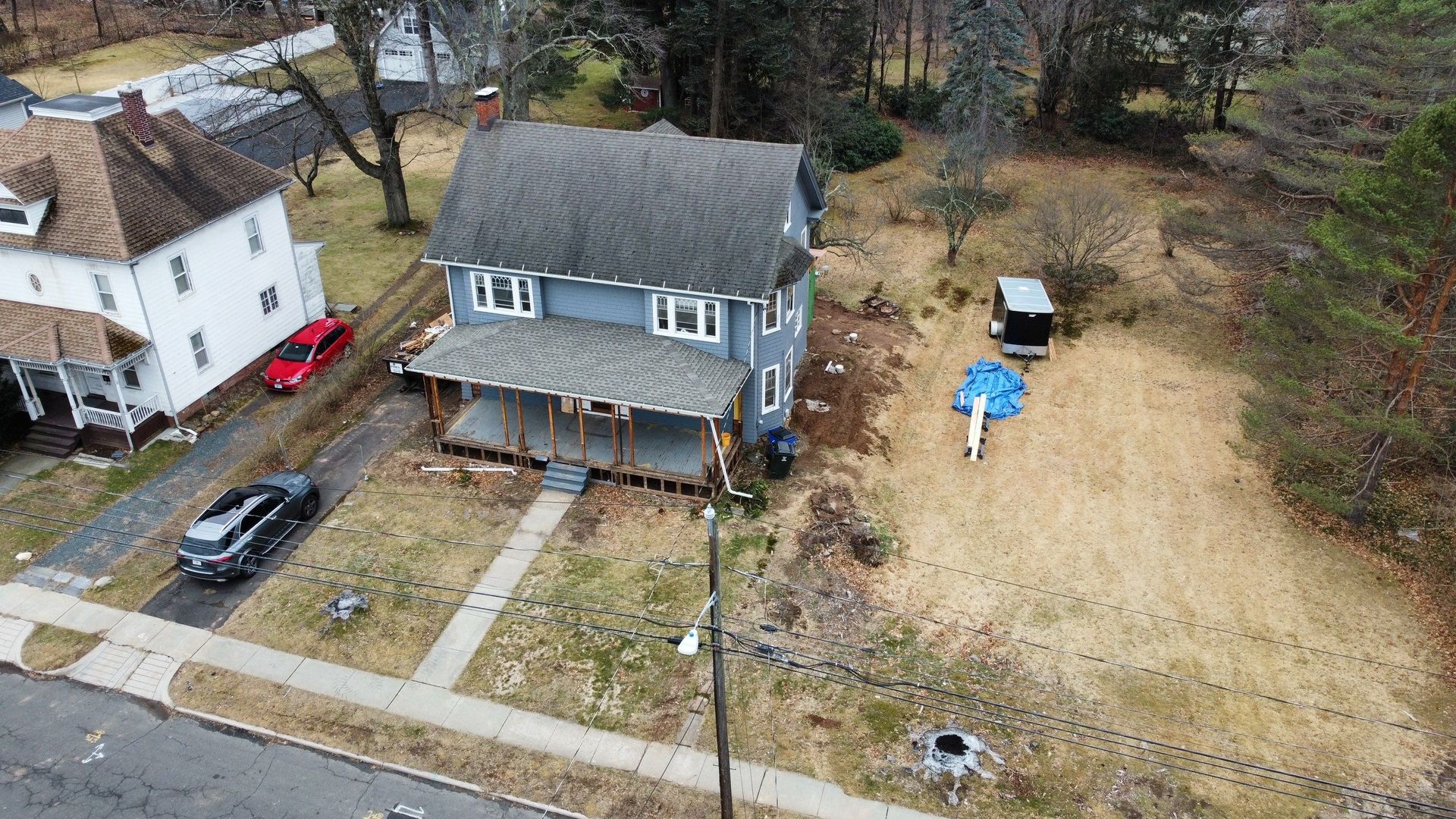 Overhead view of 19 Pleasant street in west hartford roof repair.