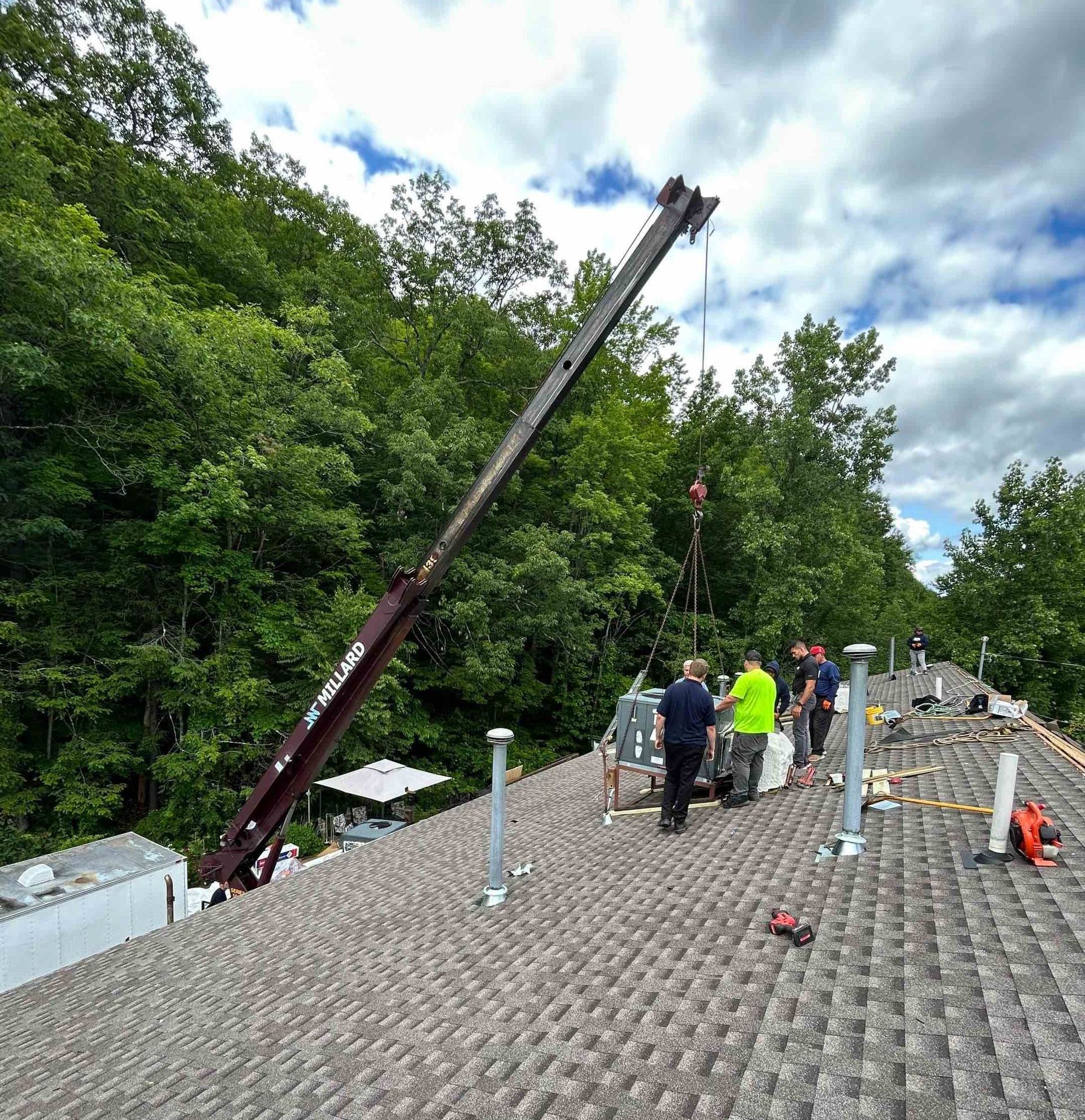 HVAC AC Air Handler Removal with Crane for Roof Installation in Litchfield, Connecticut Roofing Solutions