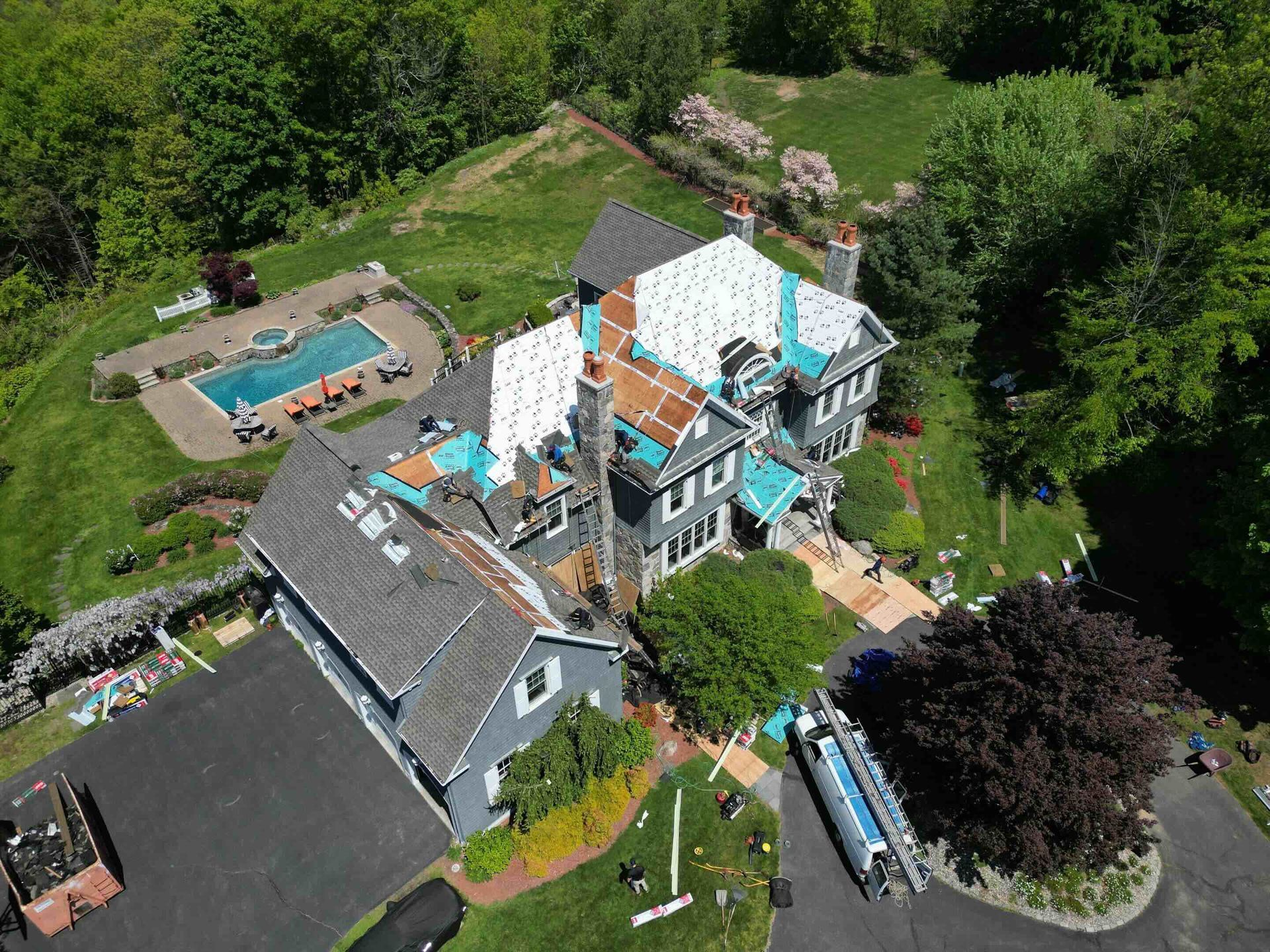 Drone Photo of Roof Installation Job by Connecticut Roofing Solutions in Farmington Valley
