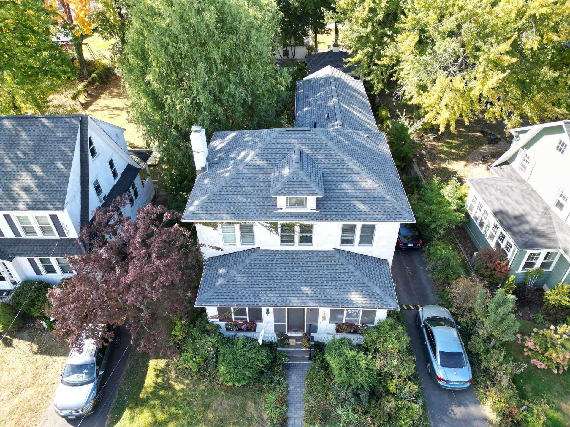 after drone picture of a newly installed roof in West Hartford, CT