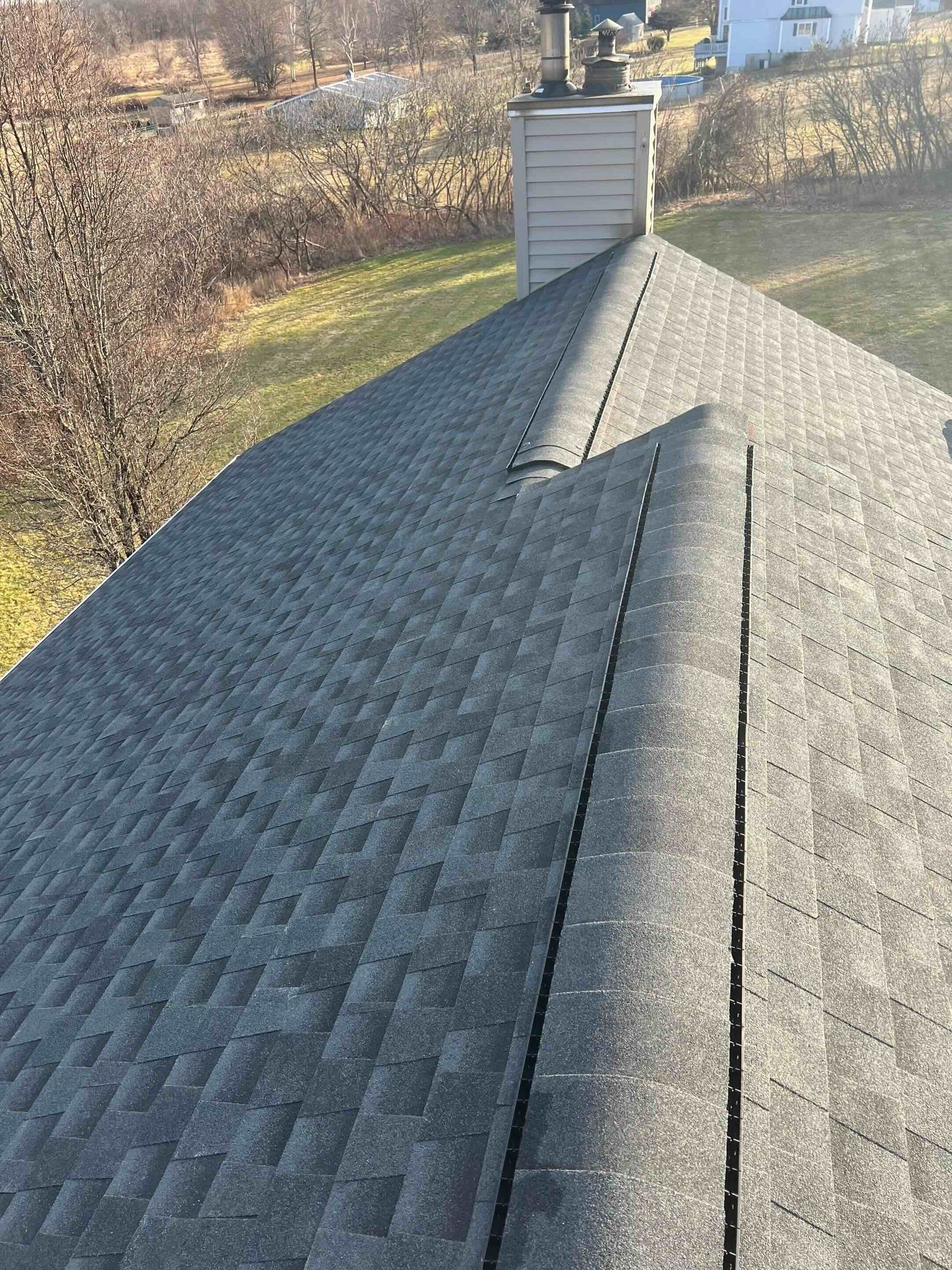 newly installed GAF Timberline HDZ Charcoal Shingle in Granby, CT