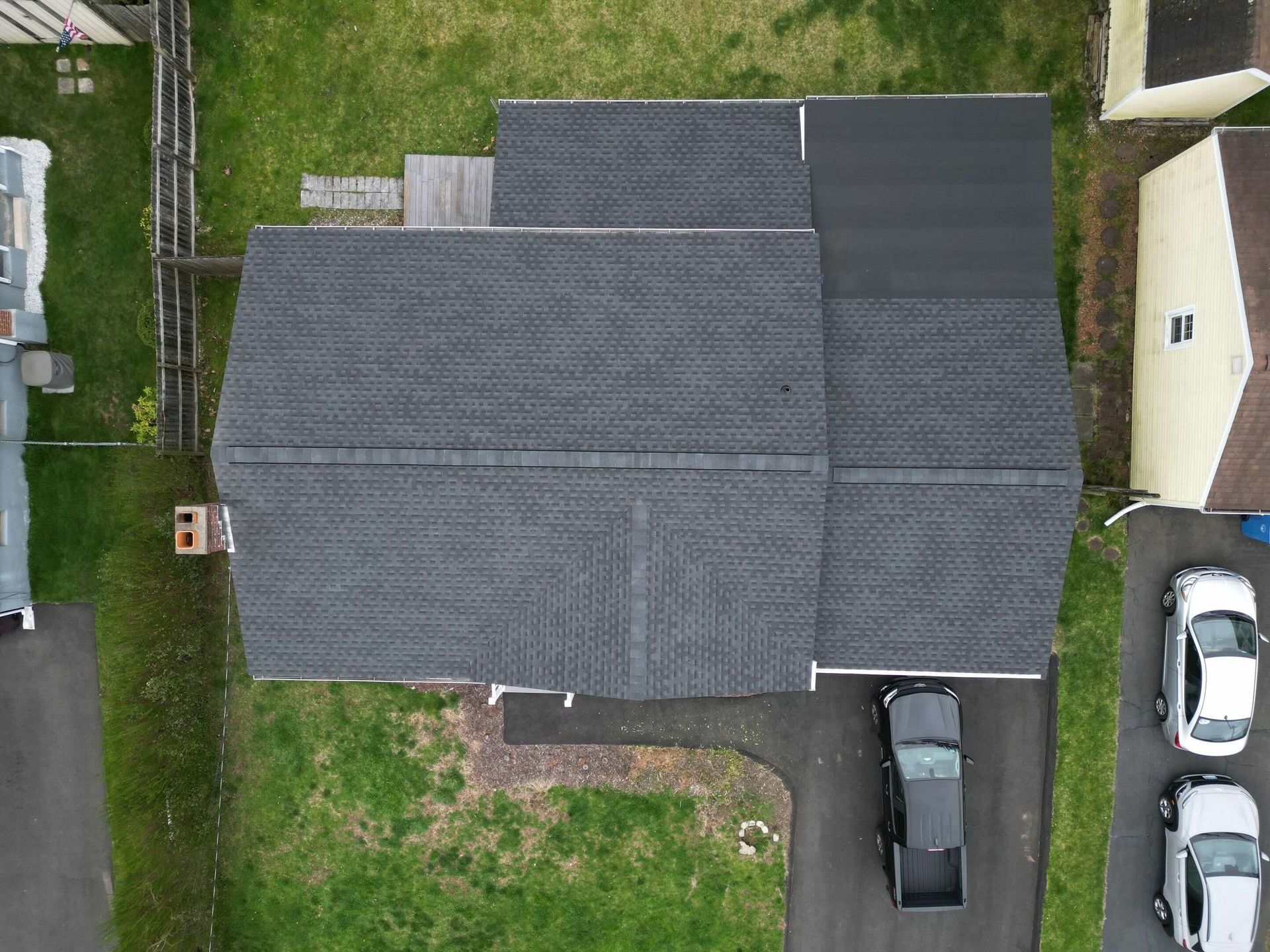 Drone photo of newly installed roof by Connecticut Roofing Solutions in New Britain, CT