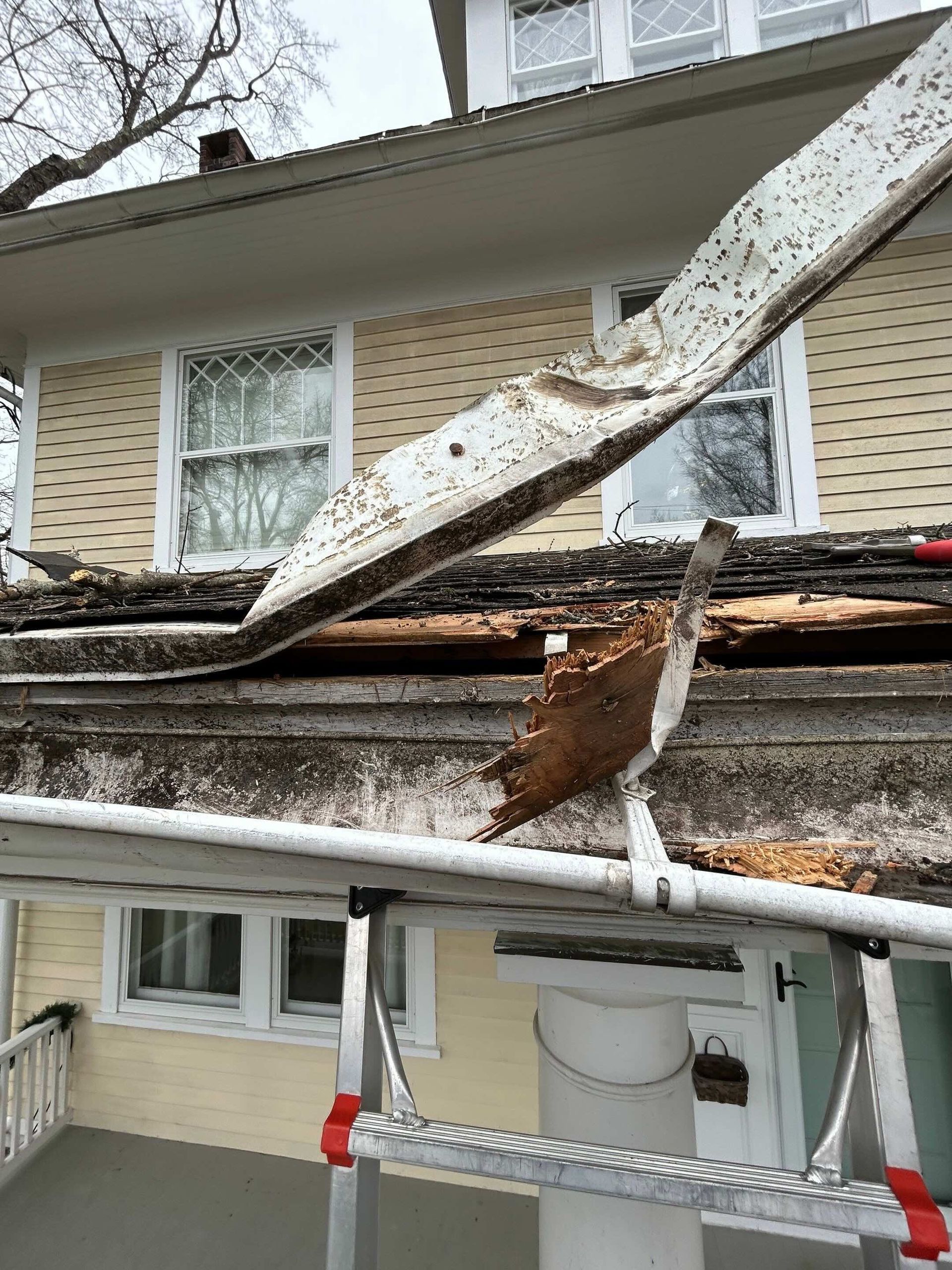 Tree hits west hartford property and causes storm damage to roof and gutters 