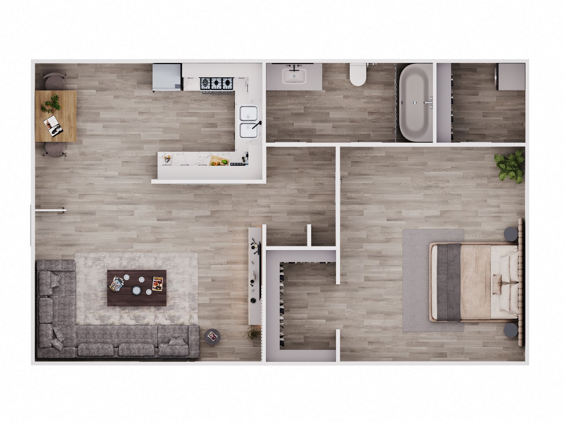Floor plan rendering of a modern apartment with kitchen, living area, bedroom, and bathroom.