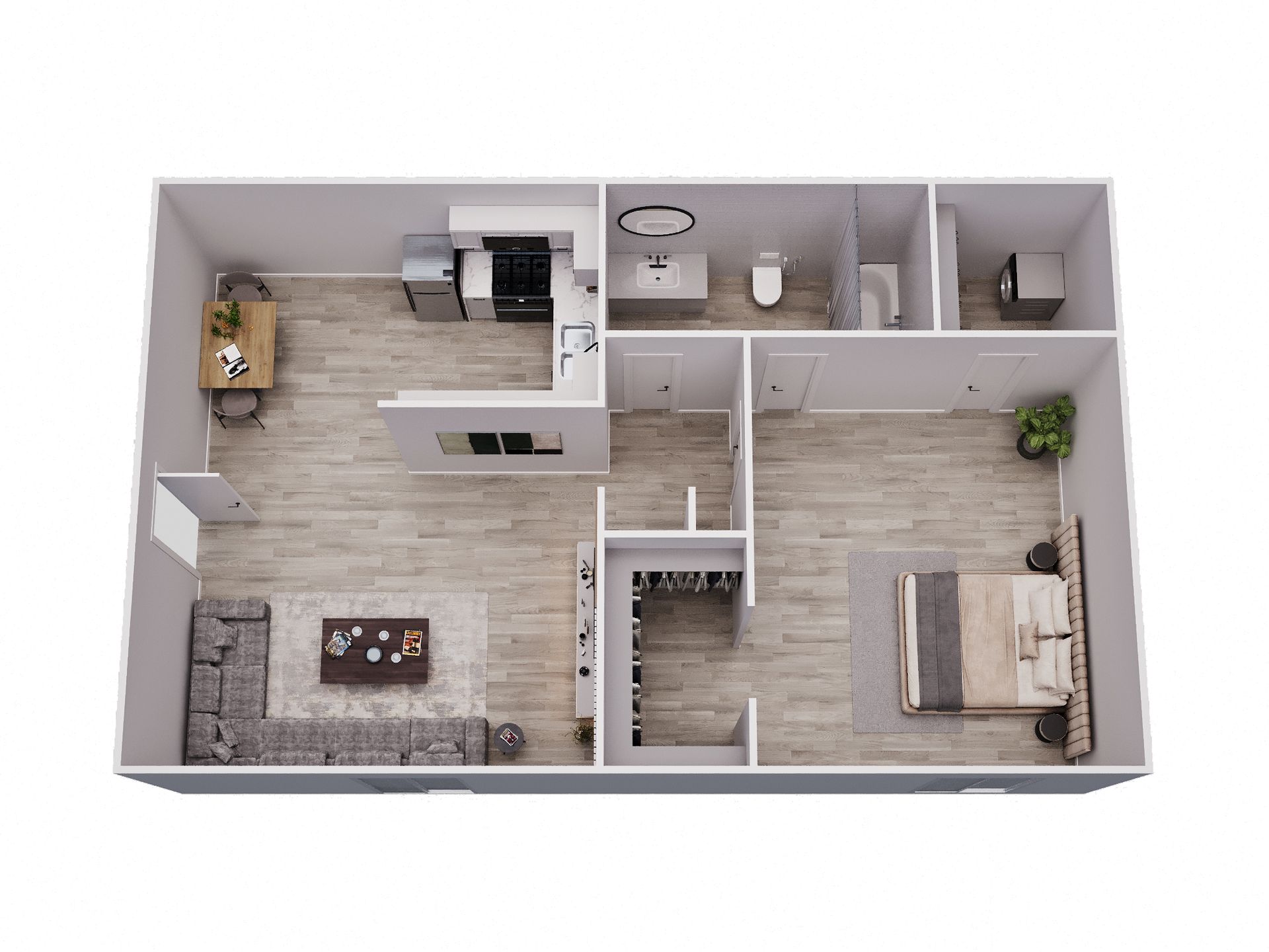 Floor plan of an apartment, featuring a living area, kitchen, bedroom, and bathroom.
