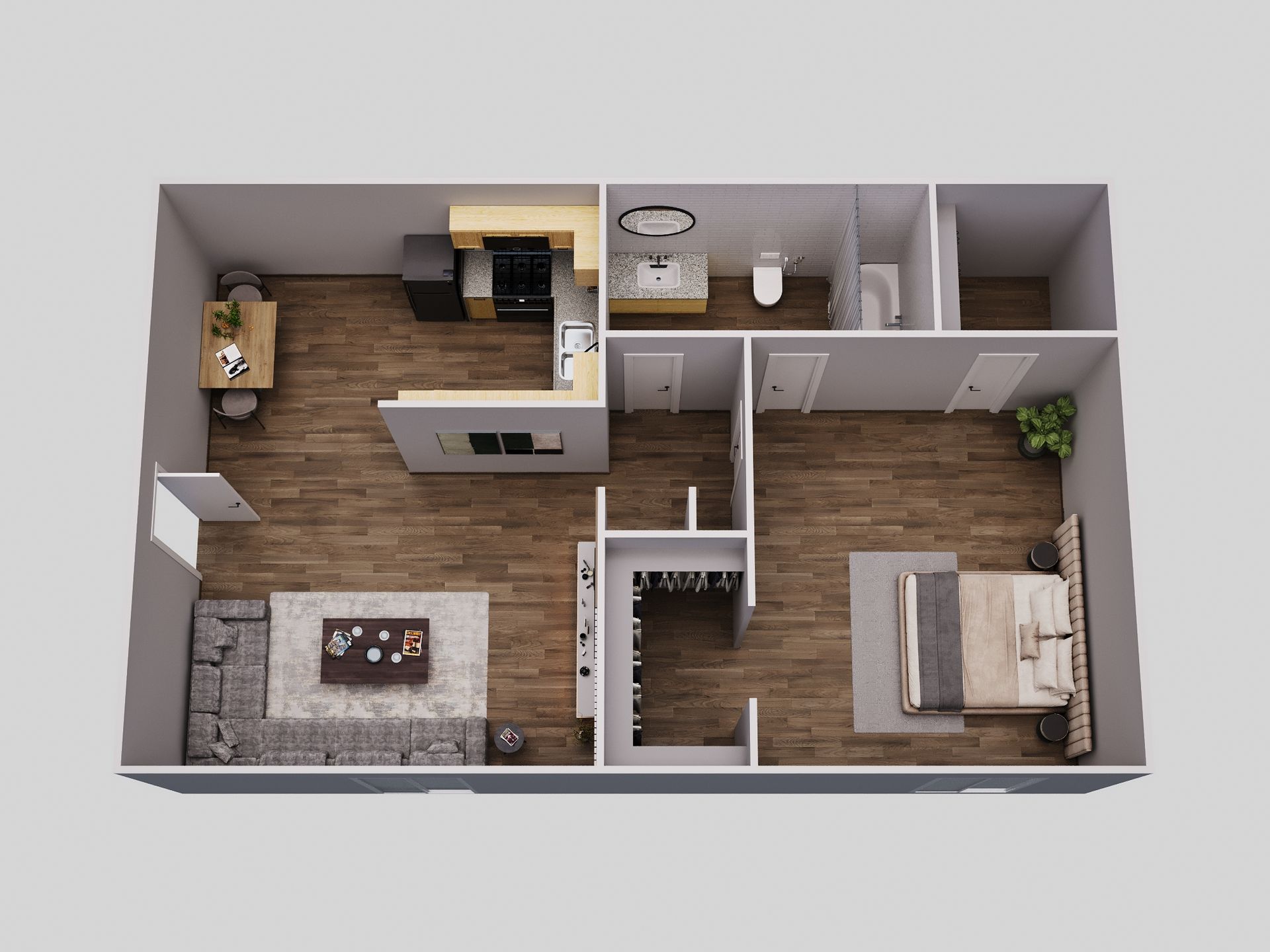 3D floor plan of an apartment with kitchen, living area, bedroom, and bathroom; neutral tones.