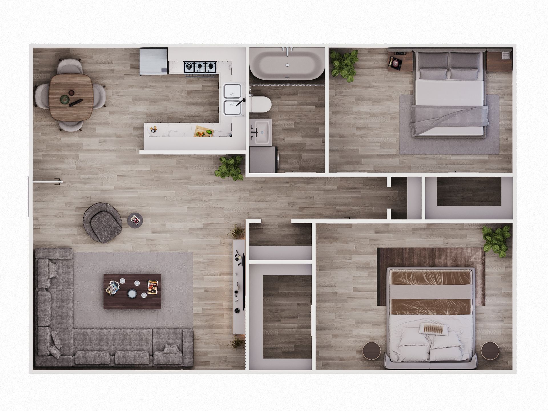 Floor plan of a two-bedroom apartment with living, dining, and kitchen areas.
