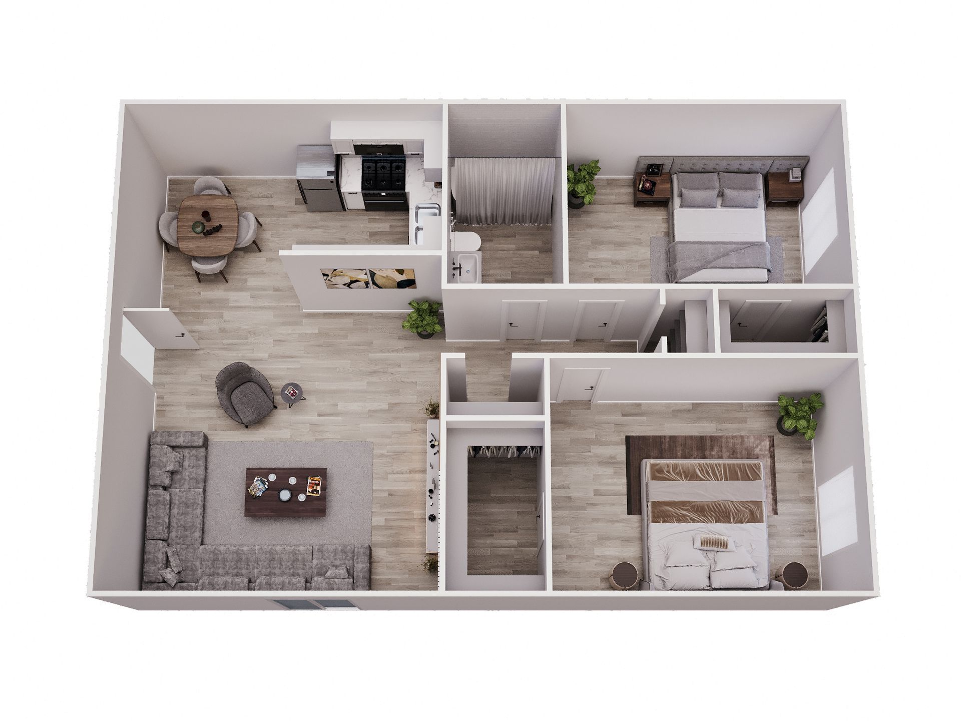 Floor plan of a two-bedroom apartment, furnished with living room, kitchen, dining area, and two bedrooms.