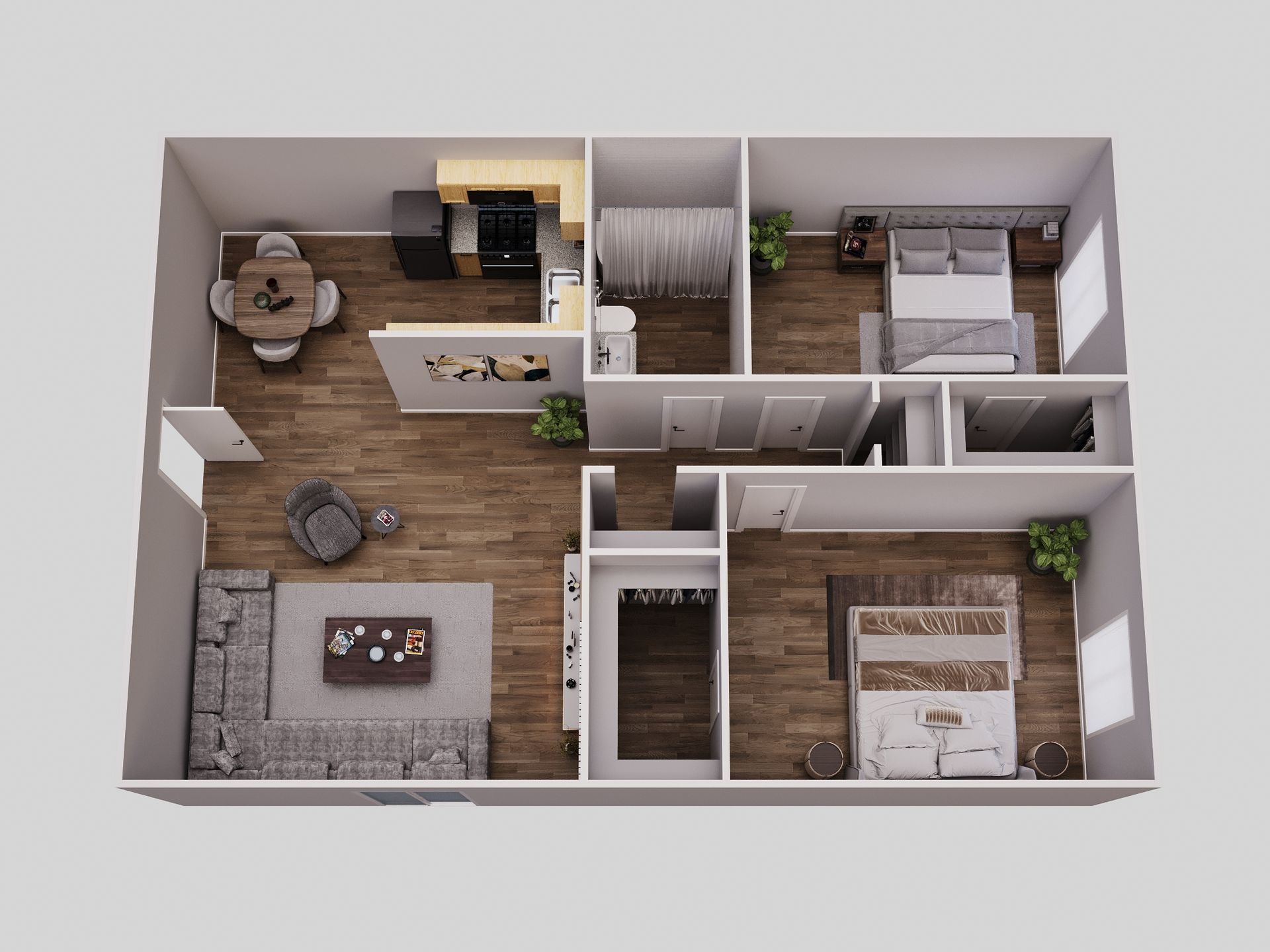 3D floor plan of an apartment. Includes living room, kitchen, dining area, and two bedrooms. Furnished in neutral tones.