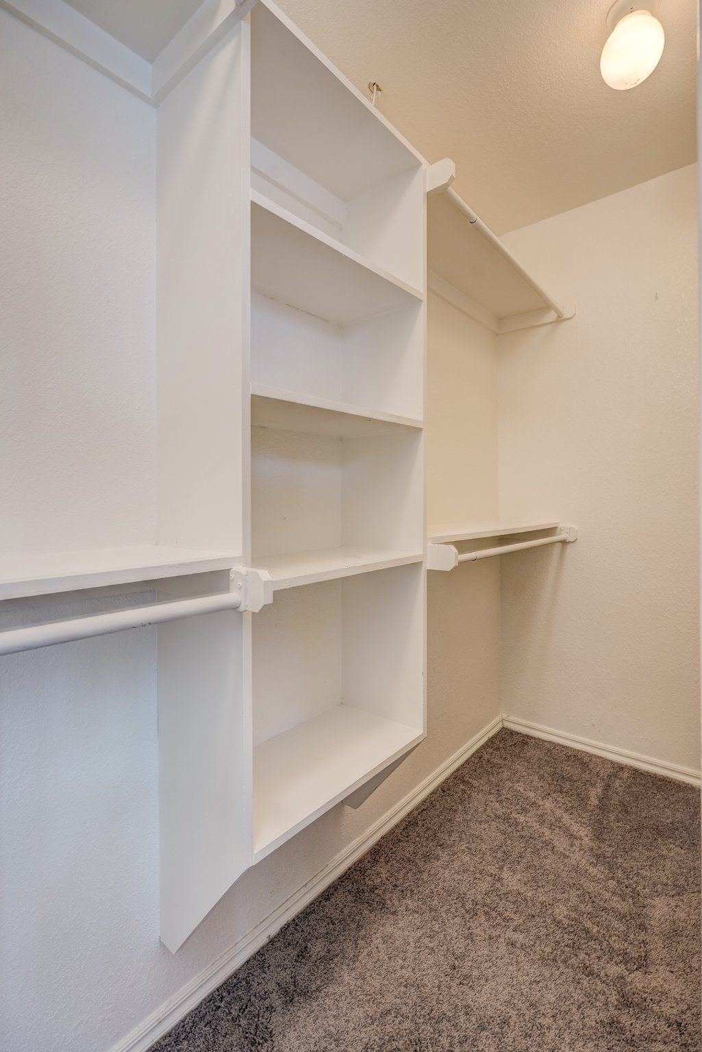 Empty white closet with shelves, a hanging rod, and gray carpet.