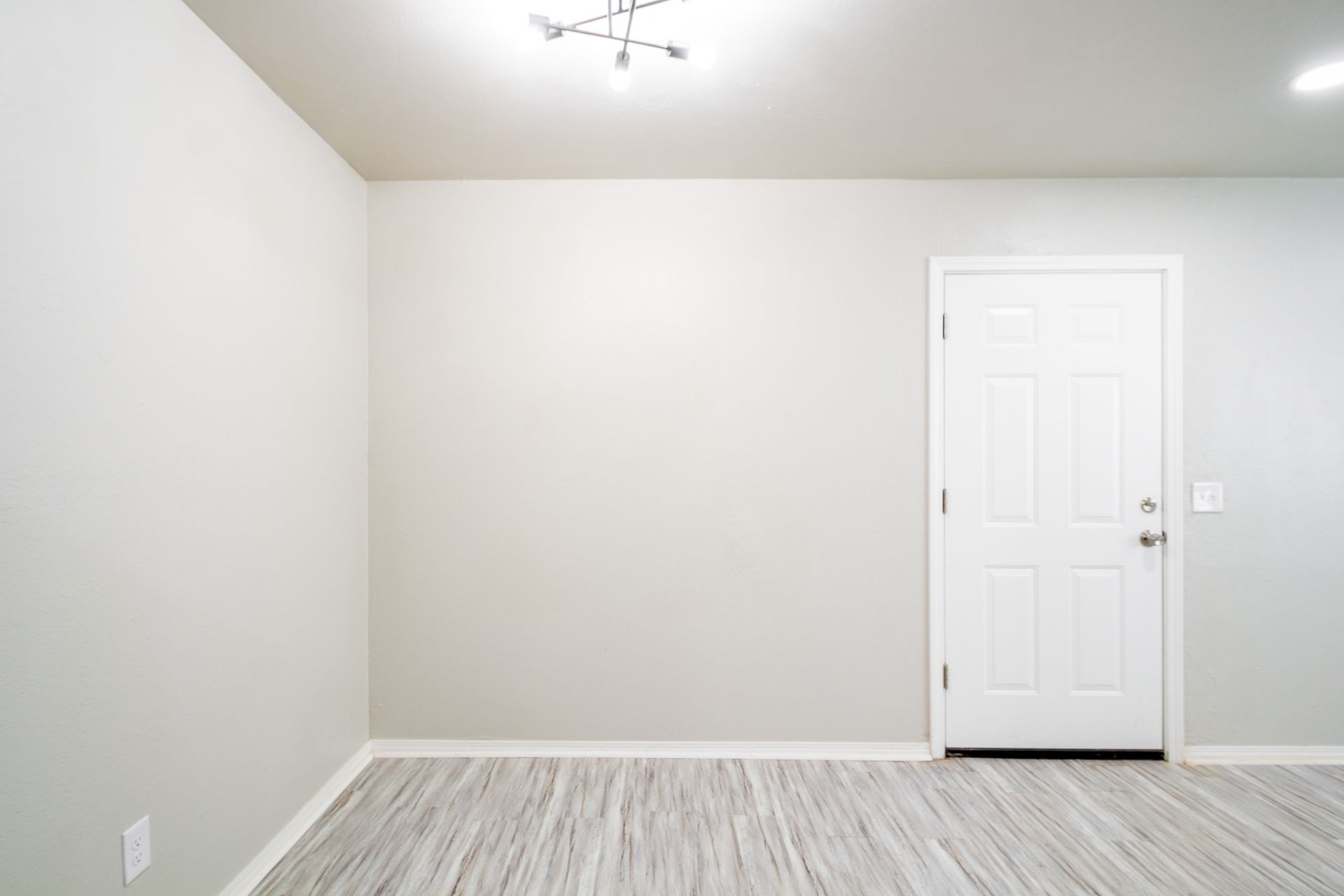 Empty room with white walls, a closed white door, and light wood-look flooring.