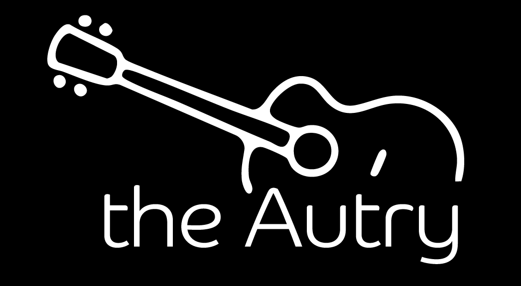 White outline of a guitar, with 