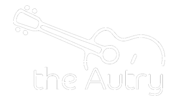 White outline of acoustic guitar above text "the Autry".