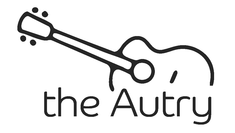Black and white logo: guitar silhouette with the words 