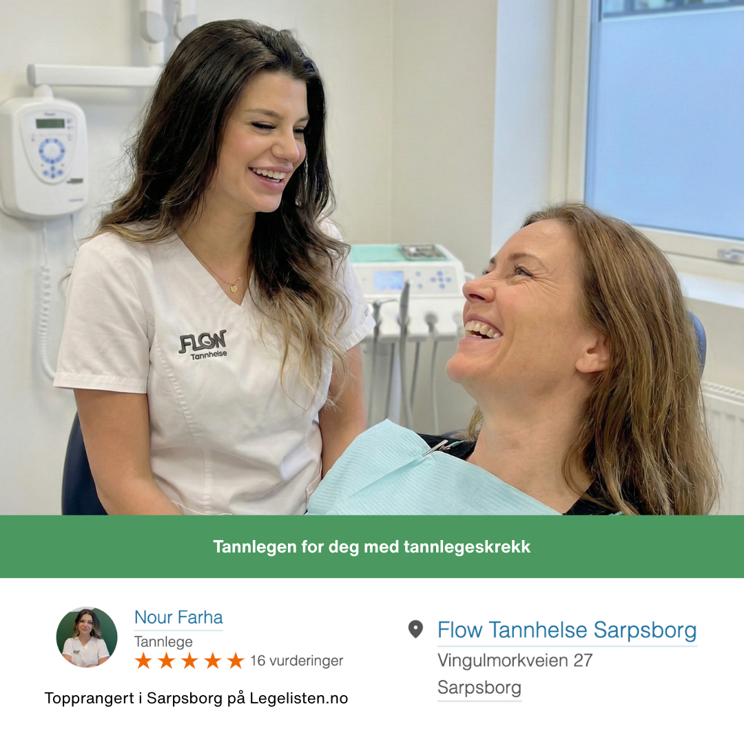 Tannlege Nour hjelper pasienter med tannlegeskrekk hos Flow Tannhelse Sarpsborg