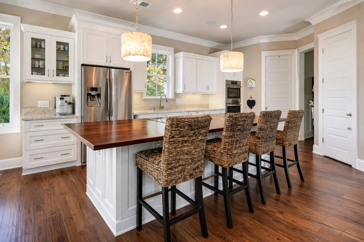 Bright kitchen with island and bar seating; white cabinets, stainless steel fridge, wood floors.