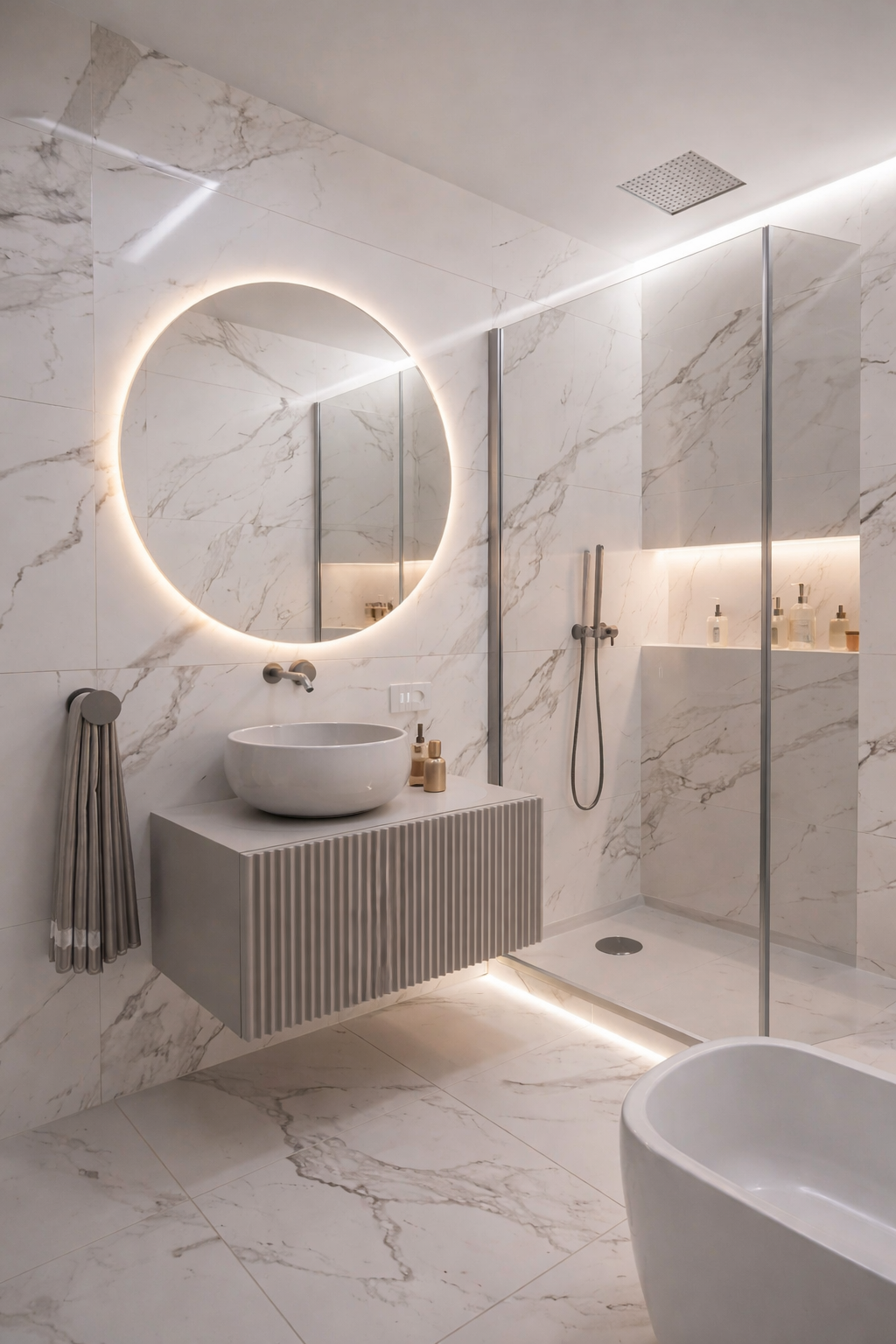 Modern marble bathroom with round illuminated mirror, floating vanity, and walk-in shower.