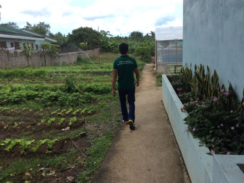 A man in a green shirt is walking down a dirt path