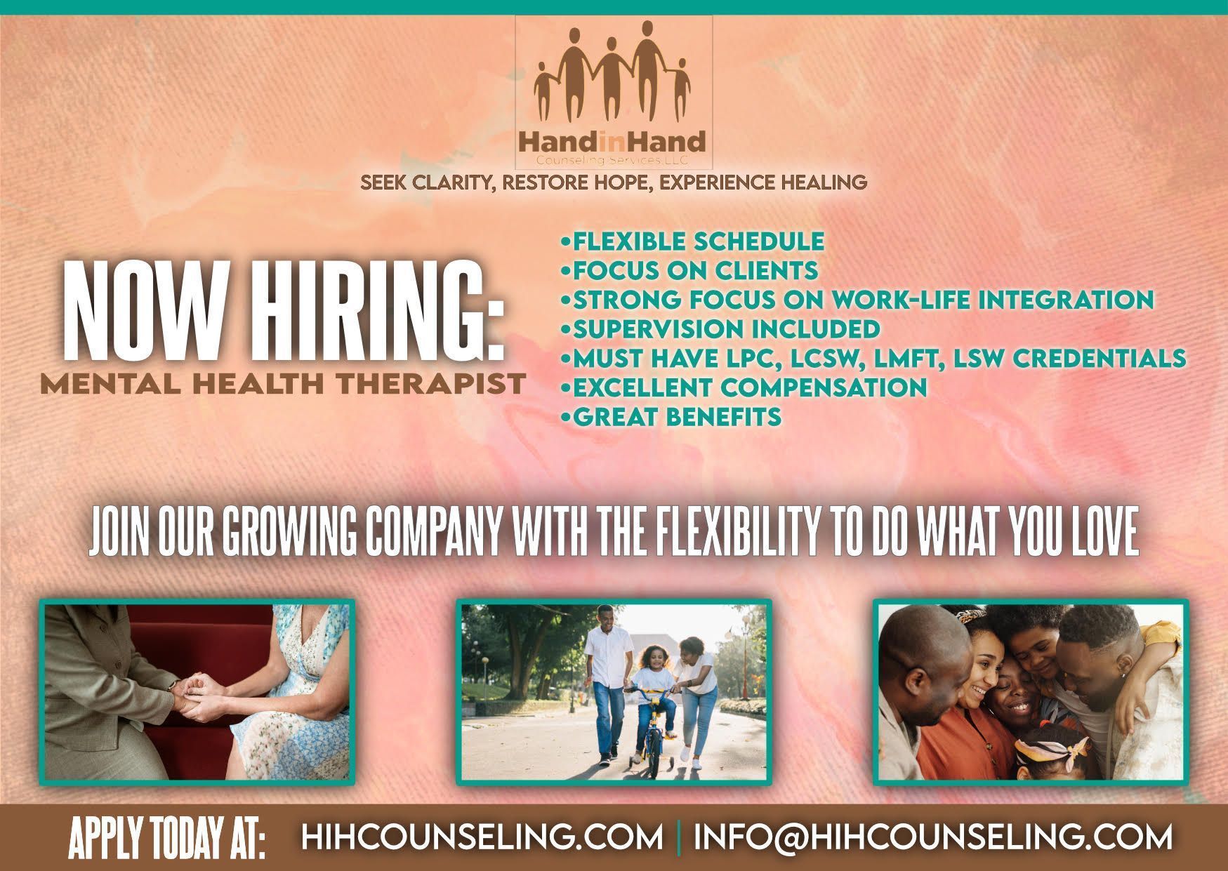 Job ad for Mental Health Therapist at Hand in Hand, offering flexible schedules, supervision, and benefits.