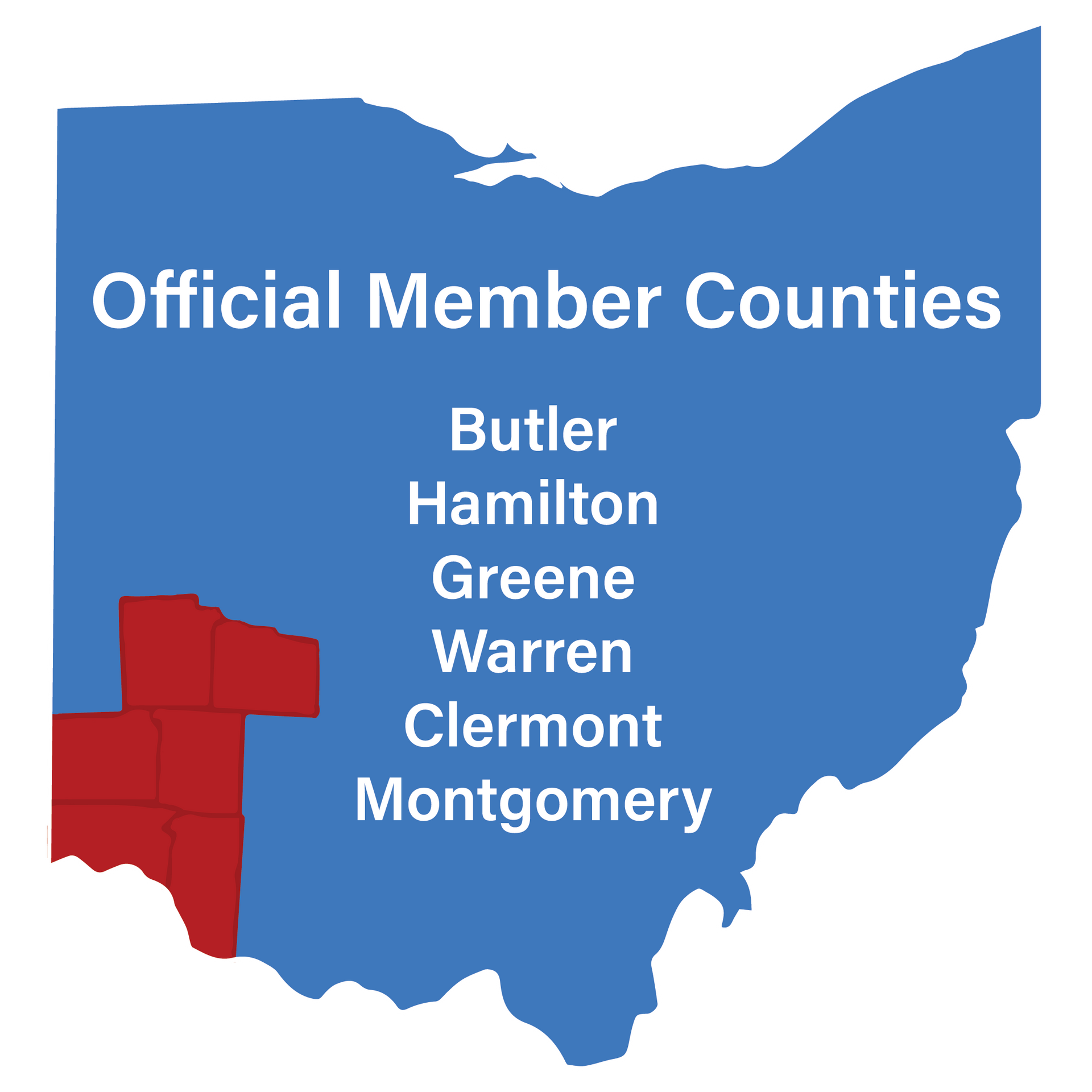 Official Member Counties. Butler, Hamilton, Greene, Warren, Clermont, and Montgomery county.