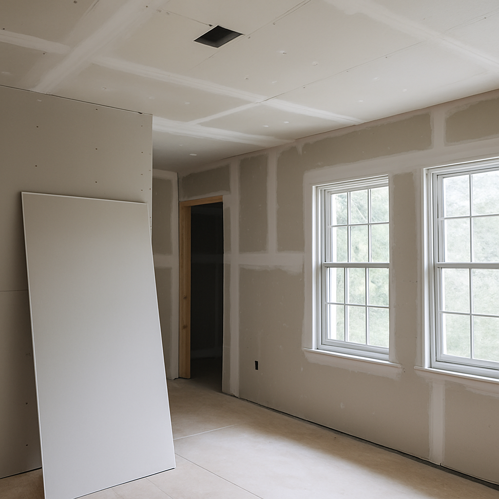 Empty white room with windows on each side and unfinished flooring.