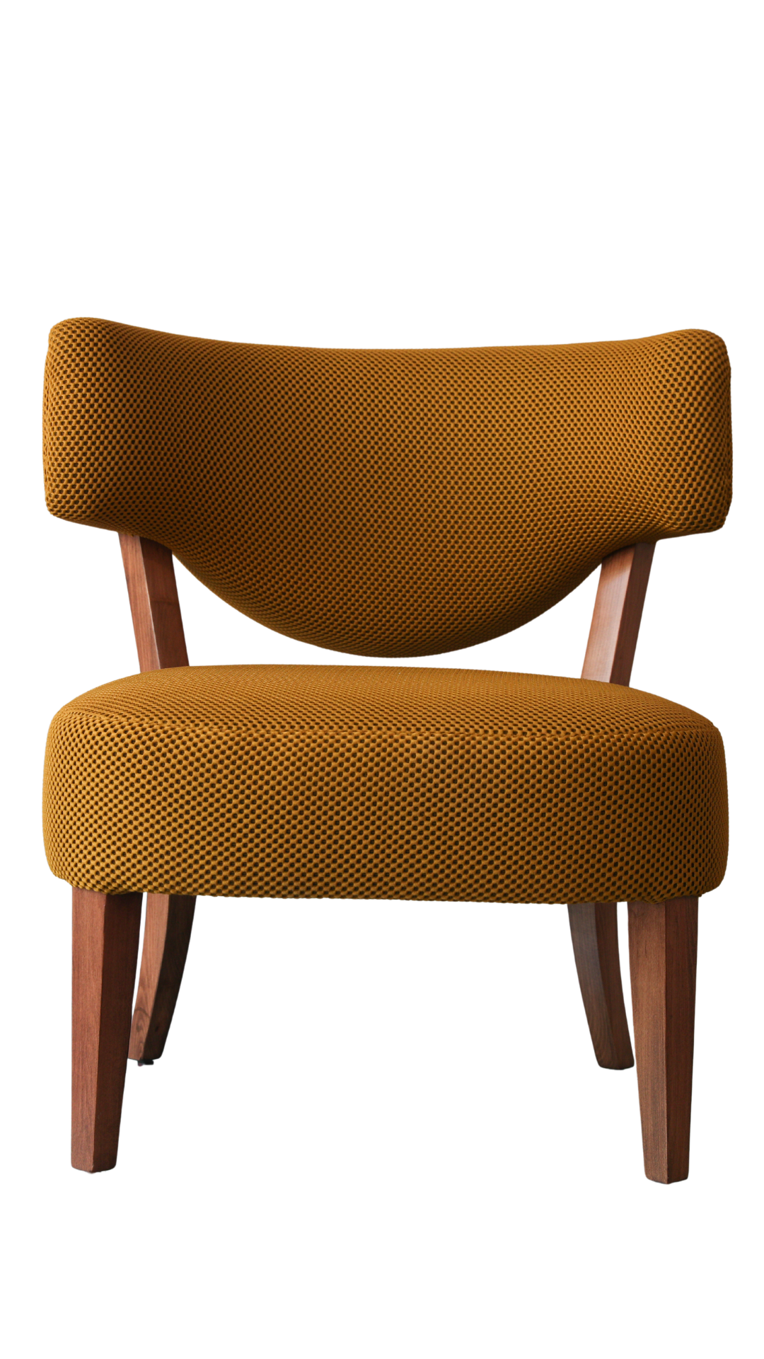 Mustard-yellow upholstered chair with a curved back, wooden frame, against a white background.