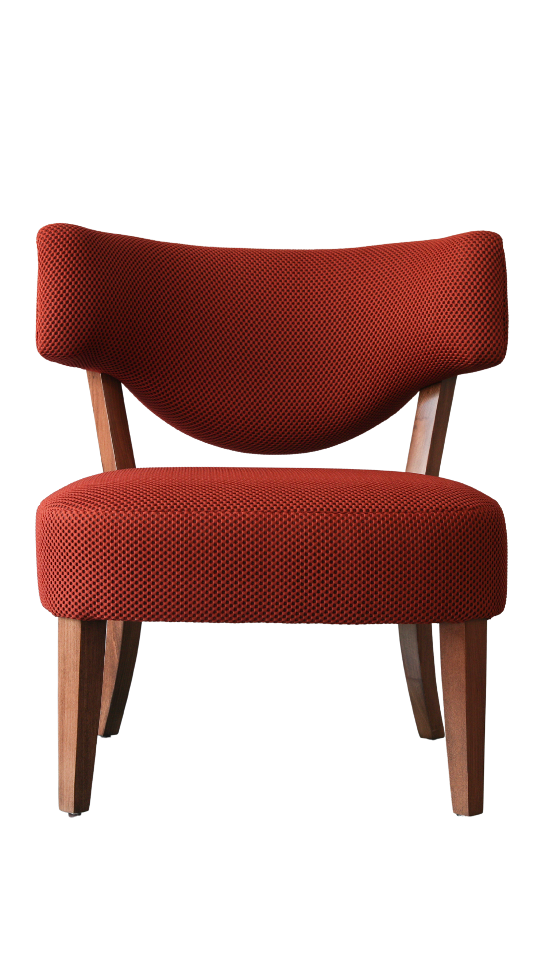 Red upholstered armchair with wooden frame.