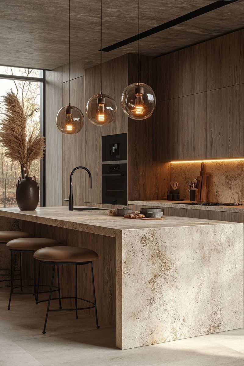 Modern kitchen with wood and stone elements; pendant lights hang above a stone island with bar stools.