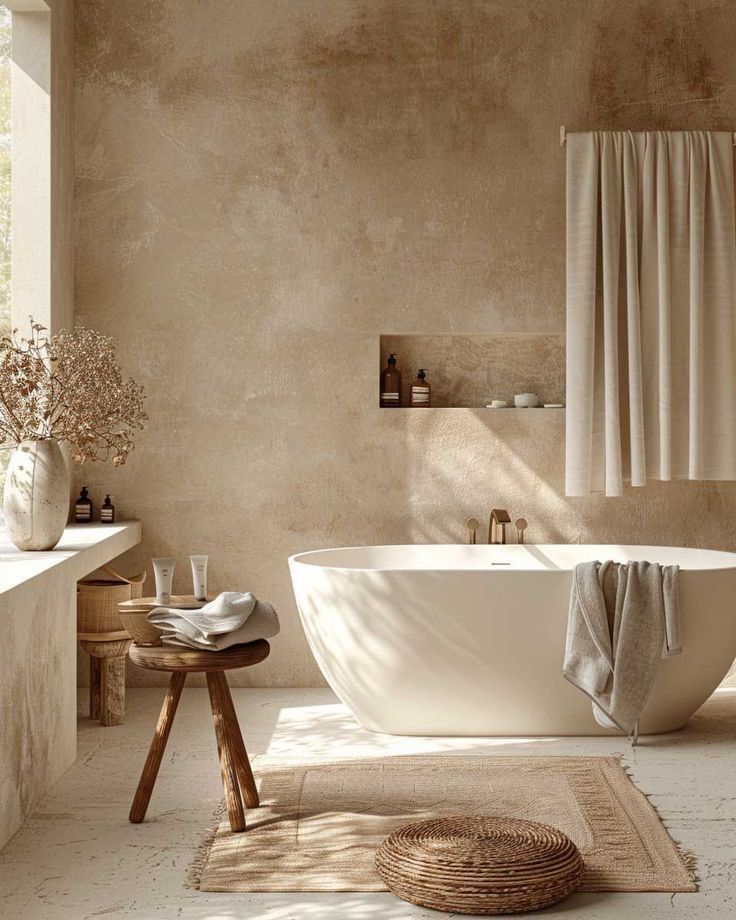 Neutral-toned spa-like bathroom with a freestanding tub, stool, rug, and textured walls. Sunlight streams in.