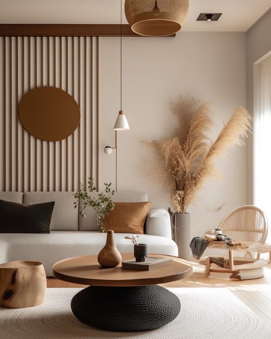 Living room with neutral tones: white sofa, wooden accents, pampas grass, and a round coffee table.