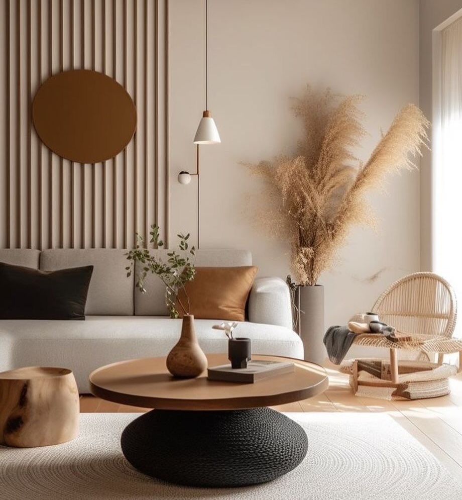 Neutral-toned living room with sofa, round coffee table, pampas grass, and wood accents.