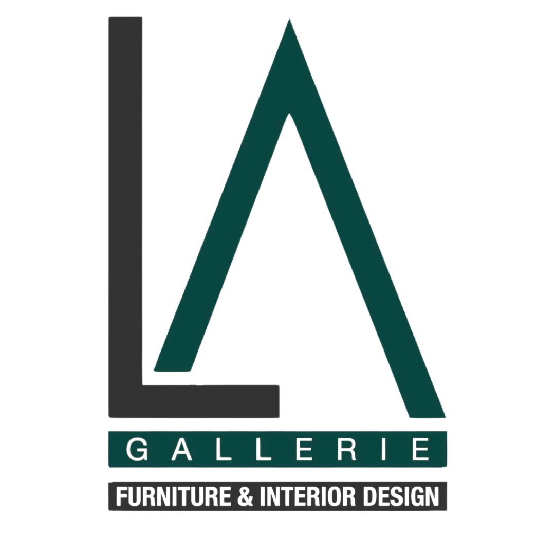 Logo for LA Gallerie: "LA" monogram, dark gray "L," teal "A," with "GALLERIE" and "FURNITURE & INTERIOR DESIGN" below.
