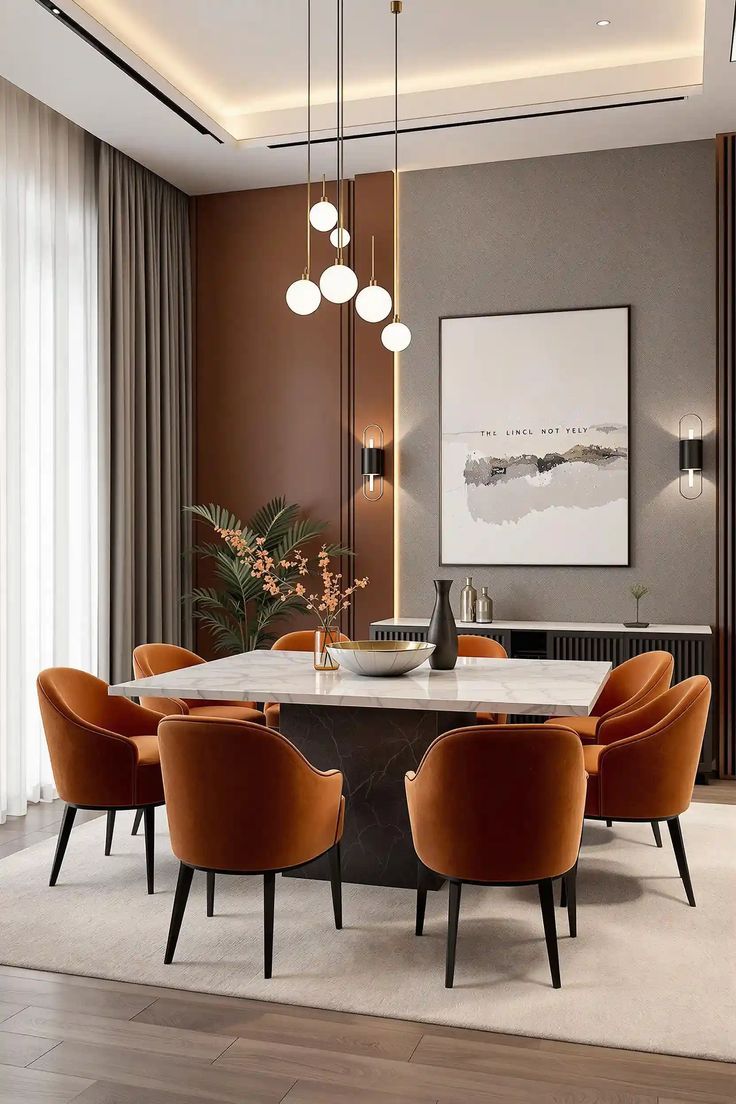 Dining room with an orange velvet chairs, a square marble table, and modern lighting.