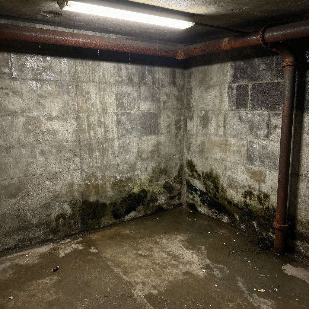 Person in protective gear spraying a white bottle at black mold on a wall.