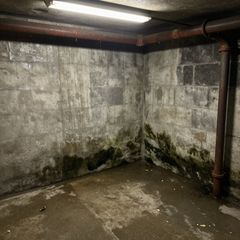 Person in protective gear spraying a white bottle at black mold on a wall.
