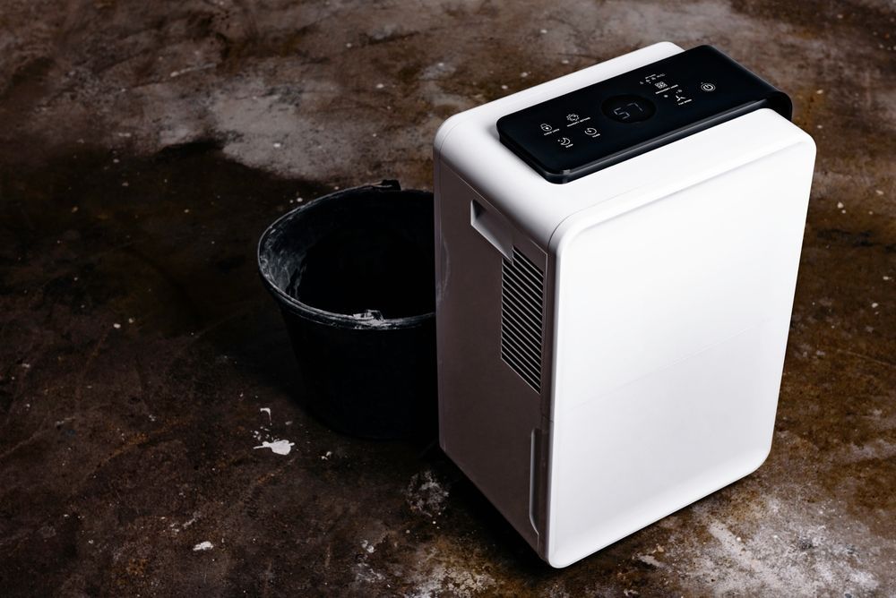 Foundation wall with black dimpled waterproofing membrane, brick, and downspout.