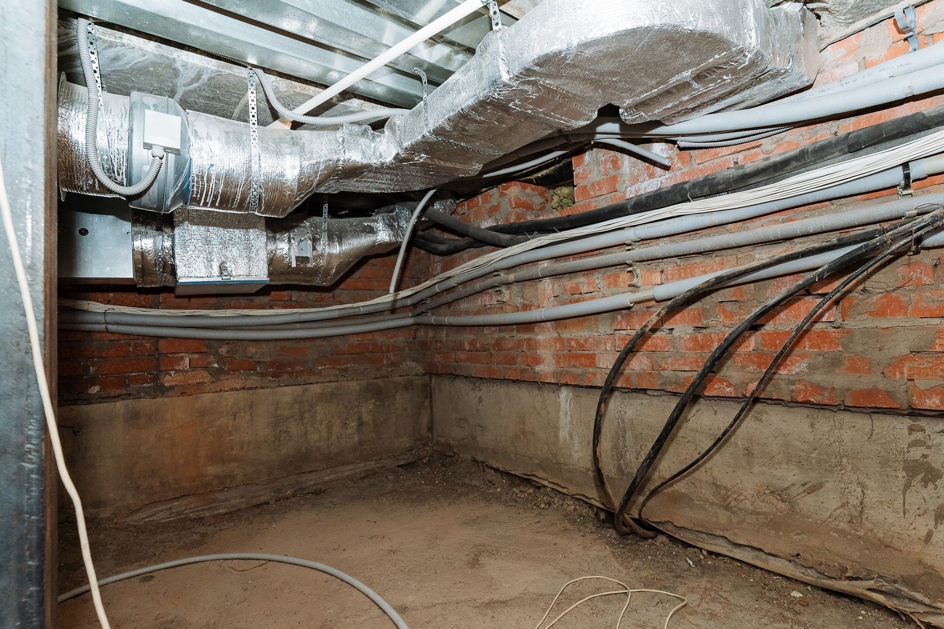 Basement interior with brick walls, exposed pipes, ventilation ducts, and electrical wiring.
