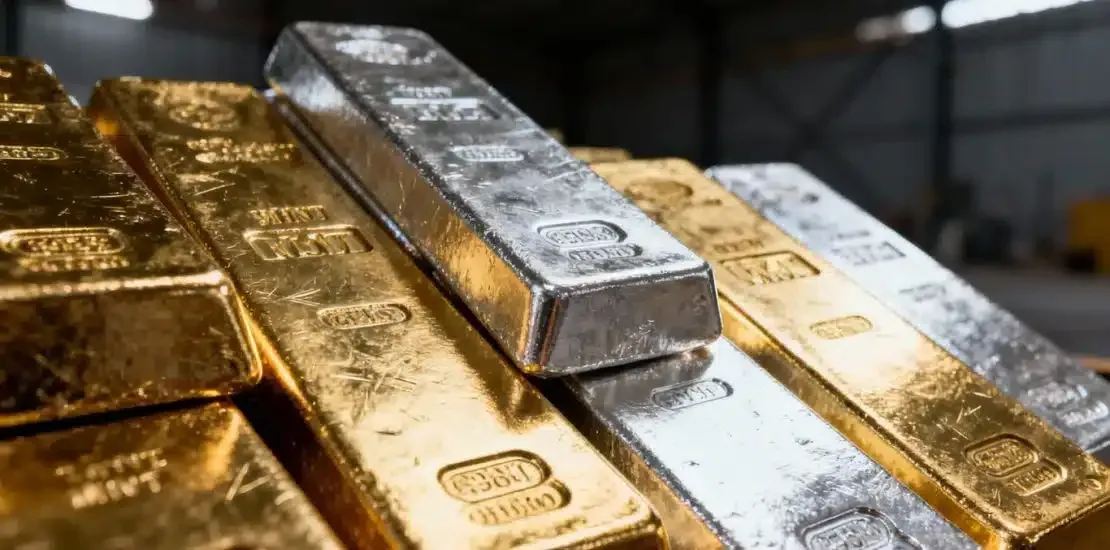 Gold and silver bullion bars stacked together.