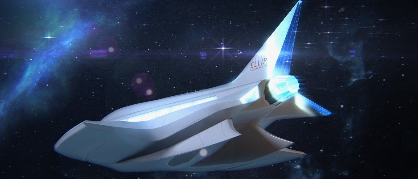 A futuristic airplane is flying through space.