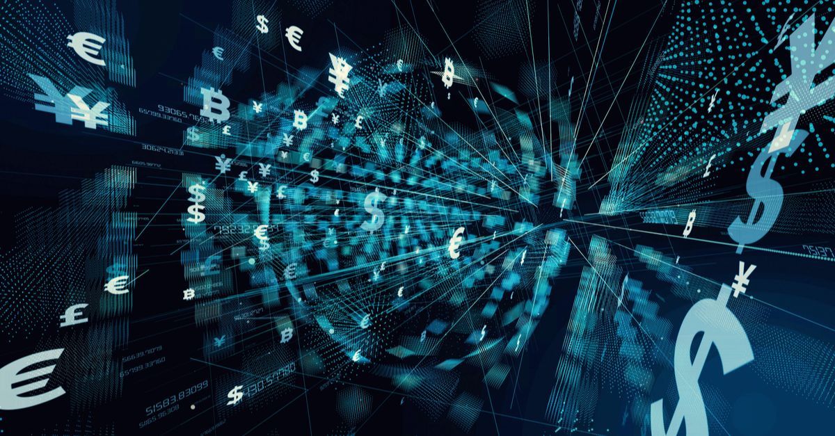 A bunch of currency signs are floating in the air.