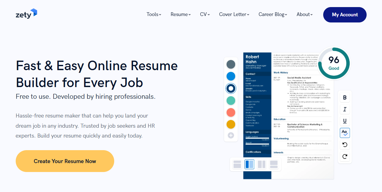 A screenshot of a fast and easy online resume builder for every job.