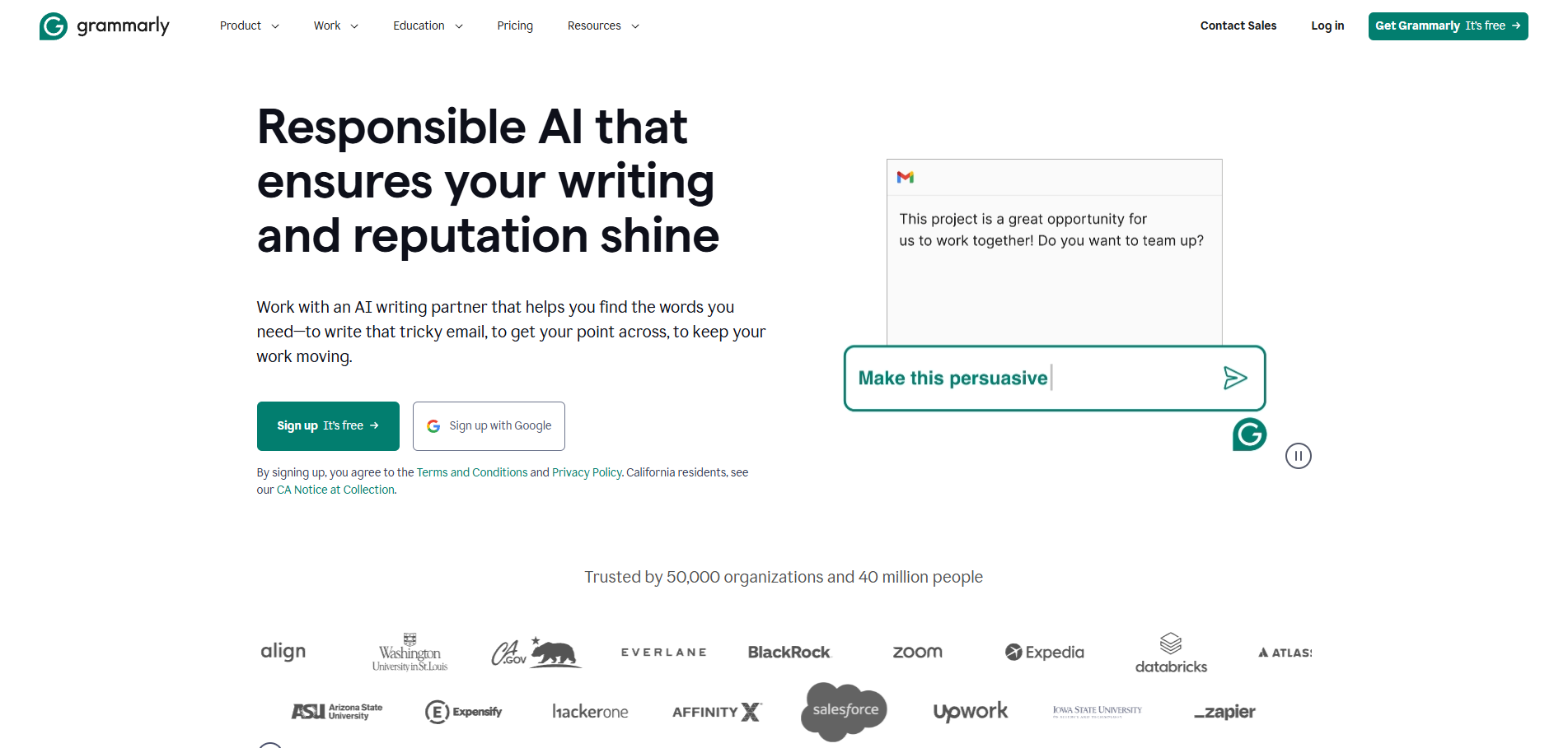 A screenshot of a website that says `` responsible ai that ensures your writing and reputation shine ''.