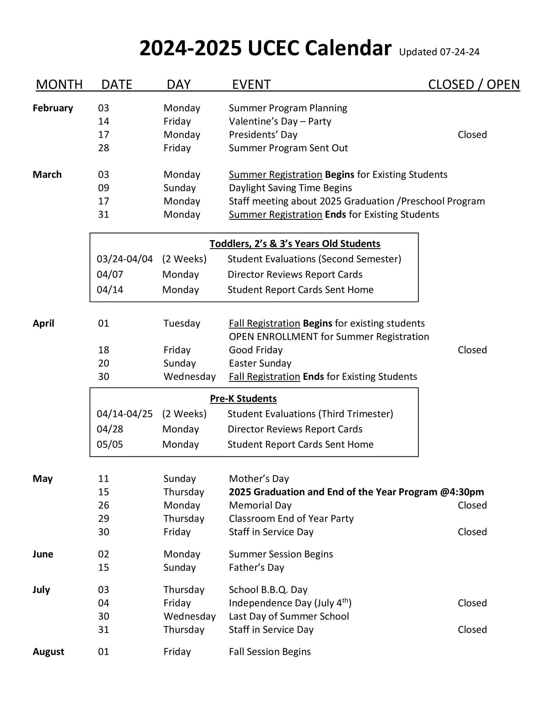 preschool calendar