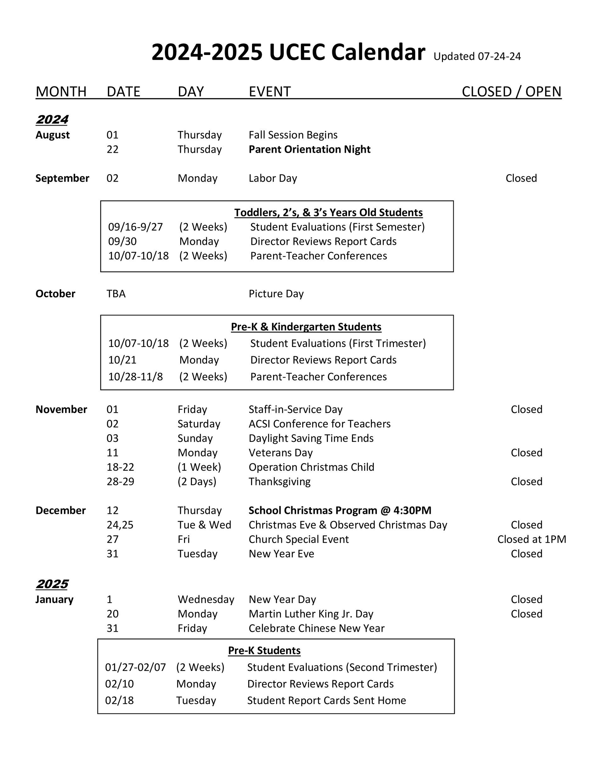 preschool calendar