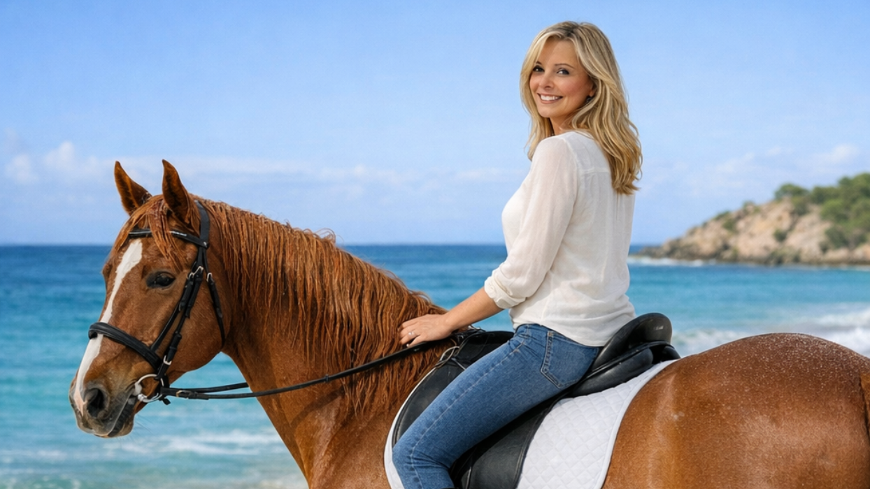 Woman on a brown horse riding along a sandy beach, ocean in background.
