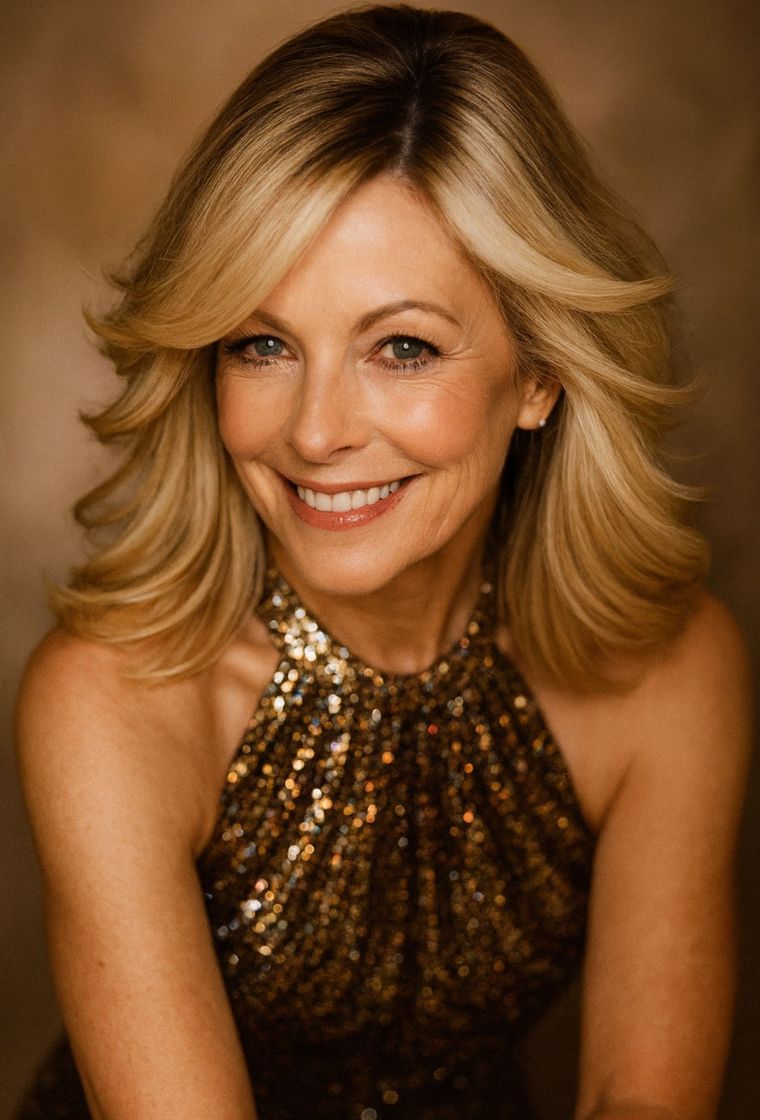 Woman smiling, wearing a sequined halter top, with blonde layered hair against a sepia backdrop.