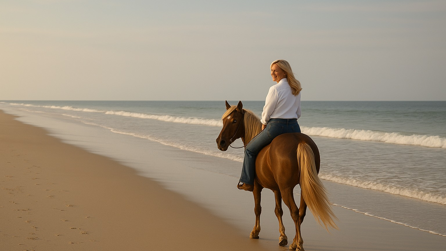 Woman on a brown horse riding along a sandy beach, ocean in background.