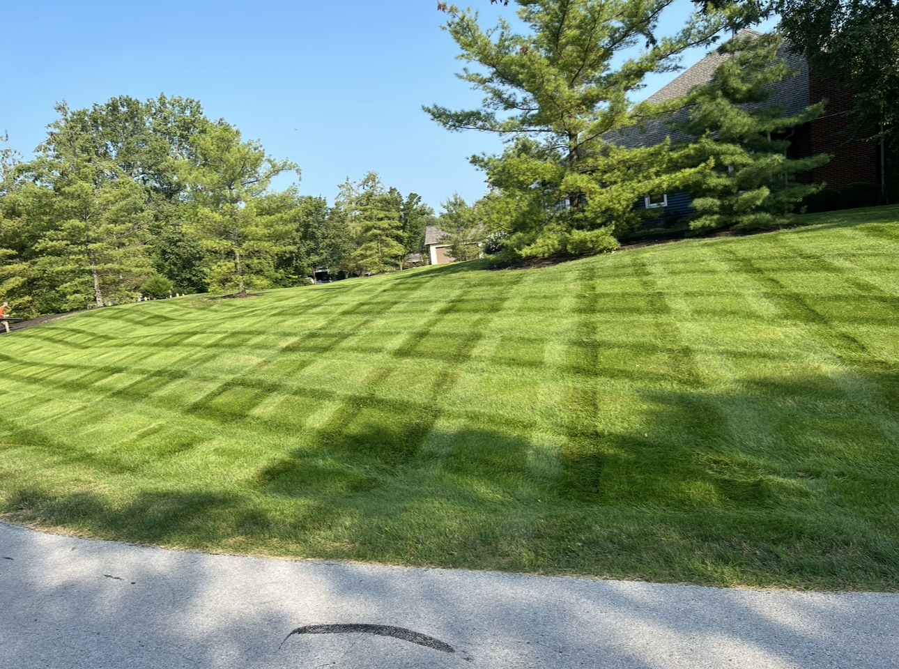 Two-story house with gray siding, landscaped with bushes and dark mulch, sunny outdoor setting.