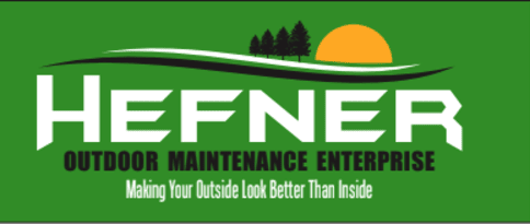 Logo for Hefner Outdoor Maintenance Enterprise: green background, white text, trees and sun.