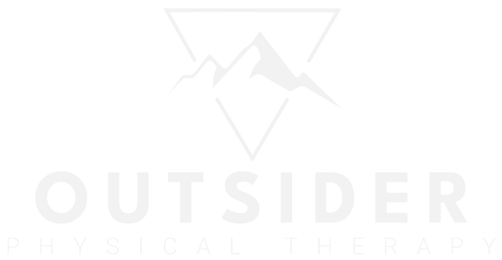 A white logo for outsider physical therapy with a mountain in the background.